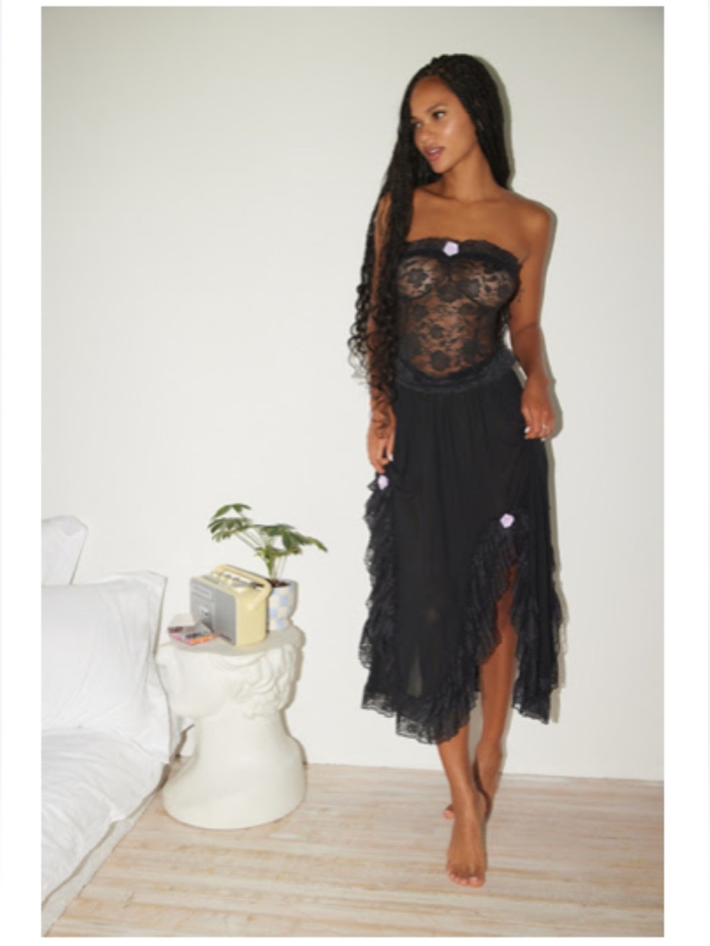 Sheer Lace Strapless Black Slip Dress